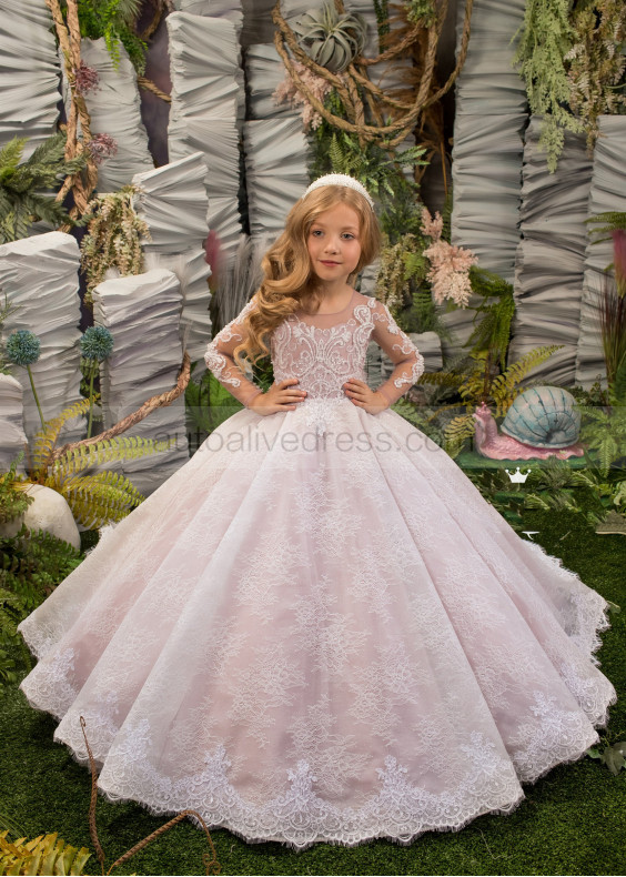 Beaded Ivory Lace Tulle Flower Girl Dress With Pink Lining